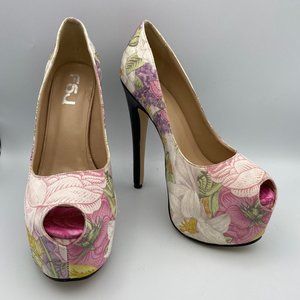 FSJ Floral Heel Peep Toe Chunky Heel Platform Pump